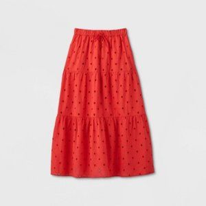 Red Eyelet Midi Skirt with Drawstring, Sz Small